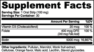 Inside Job Hair Vitamin Strips supplement facts: vitamin D3, folate, and biotin per strip